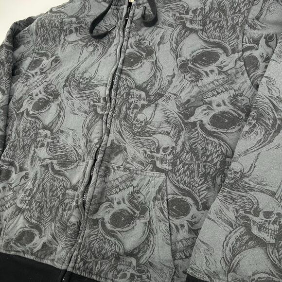 VTG y2k Men's Faded Glory Sherpa Lined Skulls AOP Graphic Hoodie Sweatshirt Sz L - Picture 2 of 5